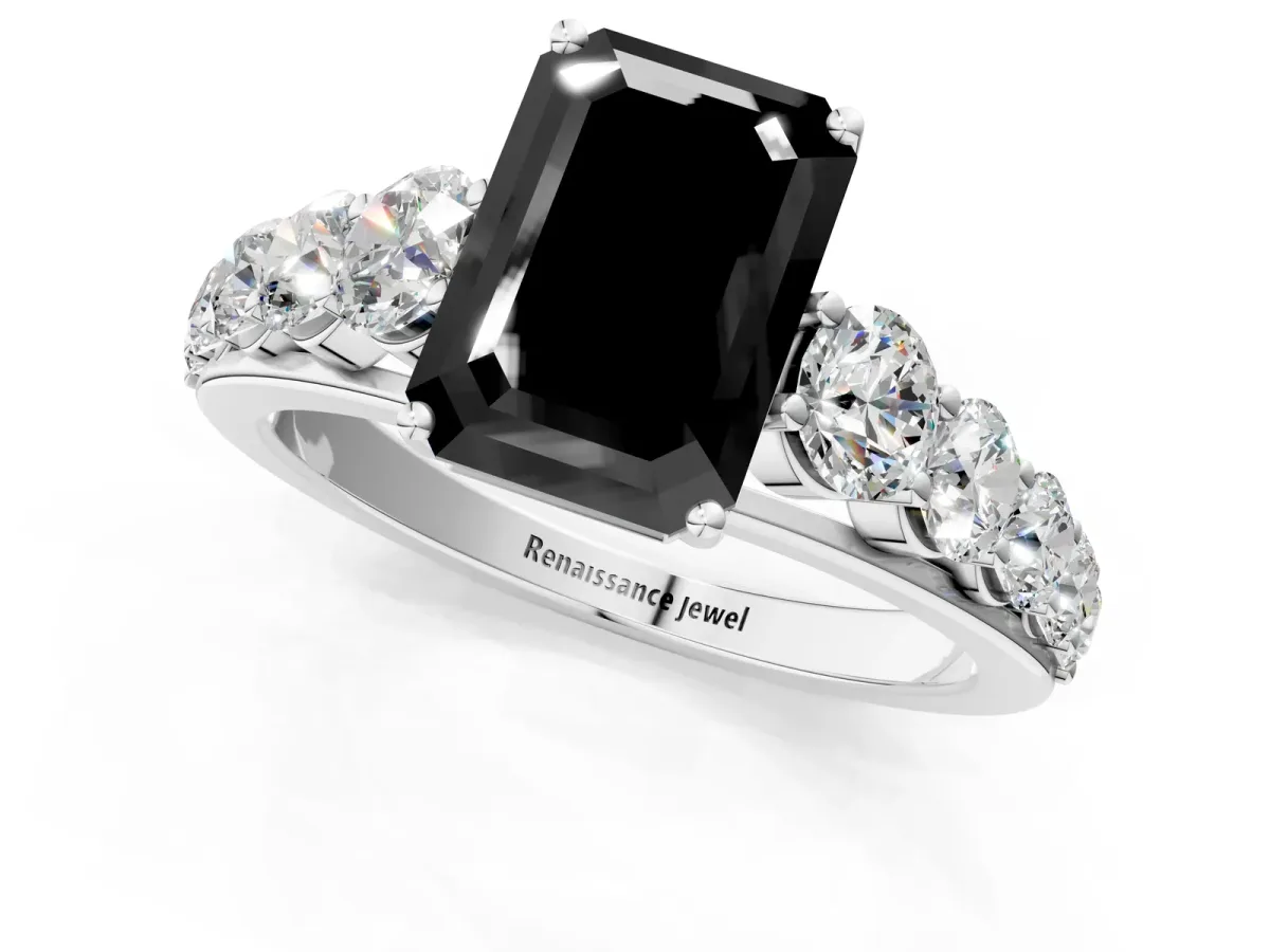 Fancy Black Emerald Cut Brilliant Diamond Pavé Band with Six-Prong Setting Silver
