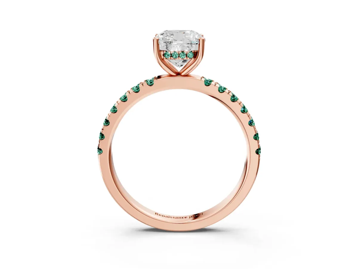 Cushion Cut Diamond Pave Band Solitaire Ring with Round Green Sapphire and Prong Setting Rose gold