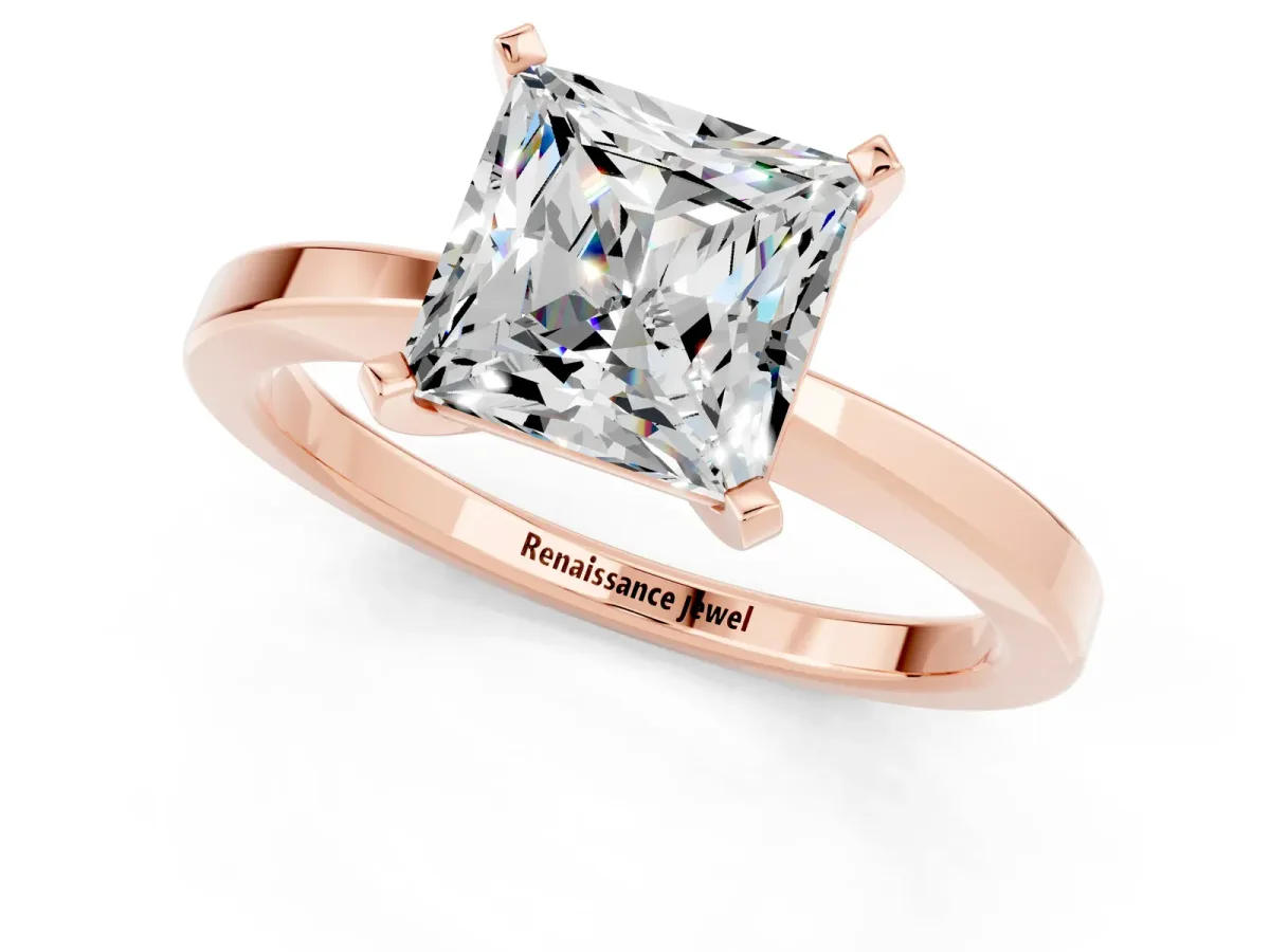 Princess Cut Moissanite Solitaire Engagement Ring with Classic Band and Four-Prong Setting Rose gold
