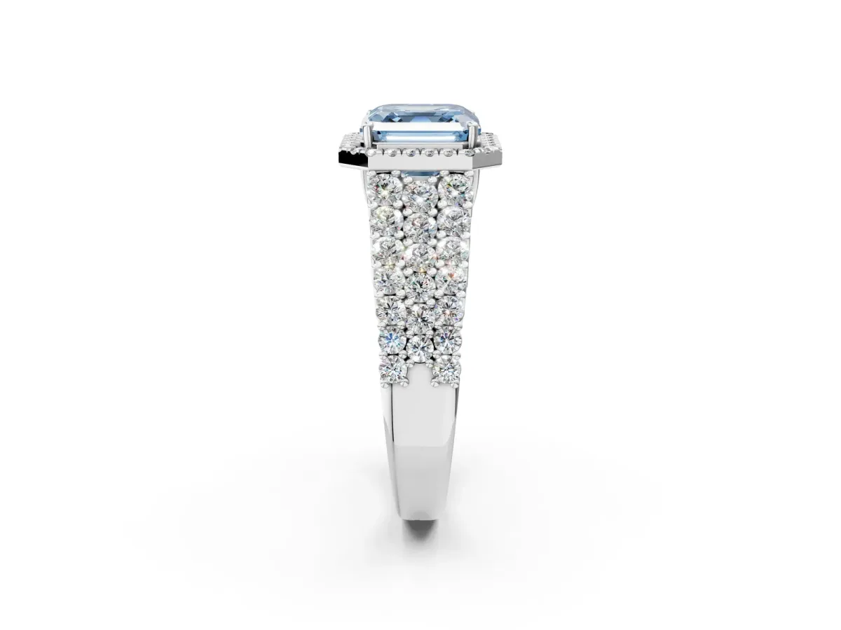 Fancy Blue Asscher Cut Diamond Halo Engagement Ring with Triple Row Round Pavé Band and Prong Setting Platinum