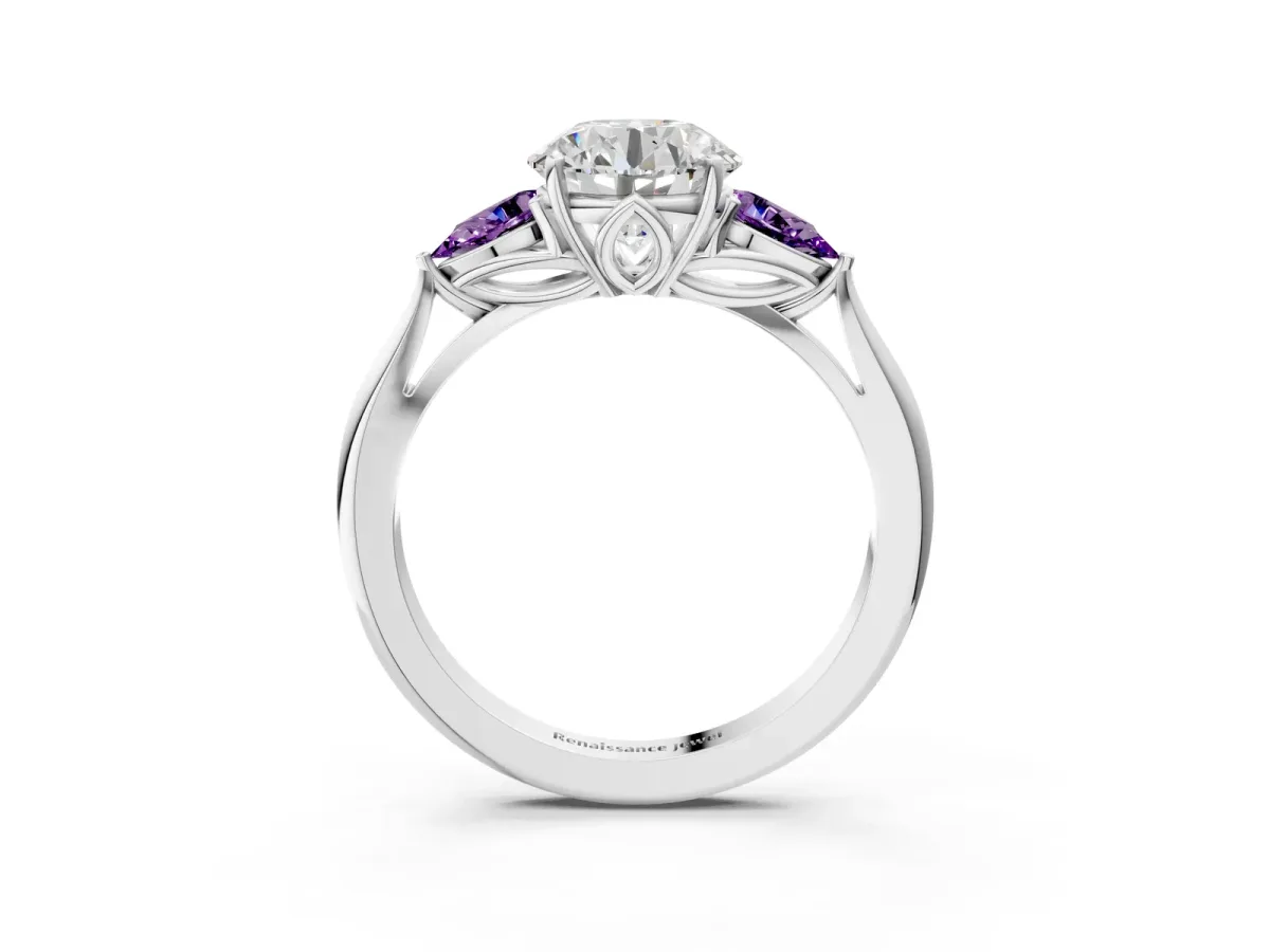 Round Cut Diamond Three-Stone Ring with Pear Amethyst Side Stones and Prong Setting Silver