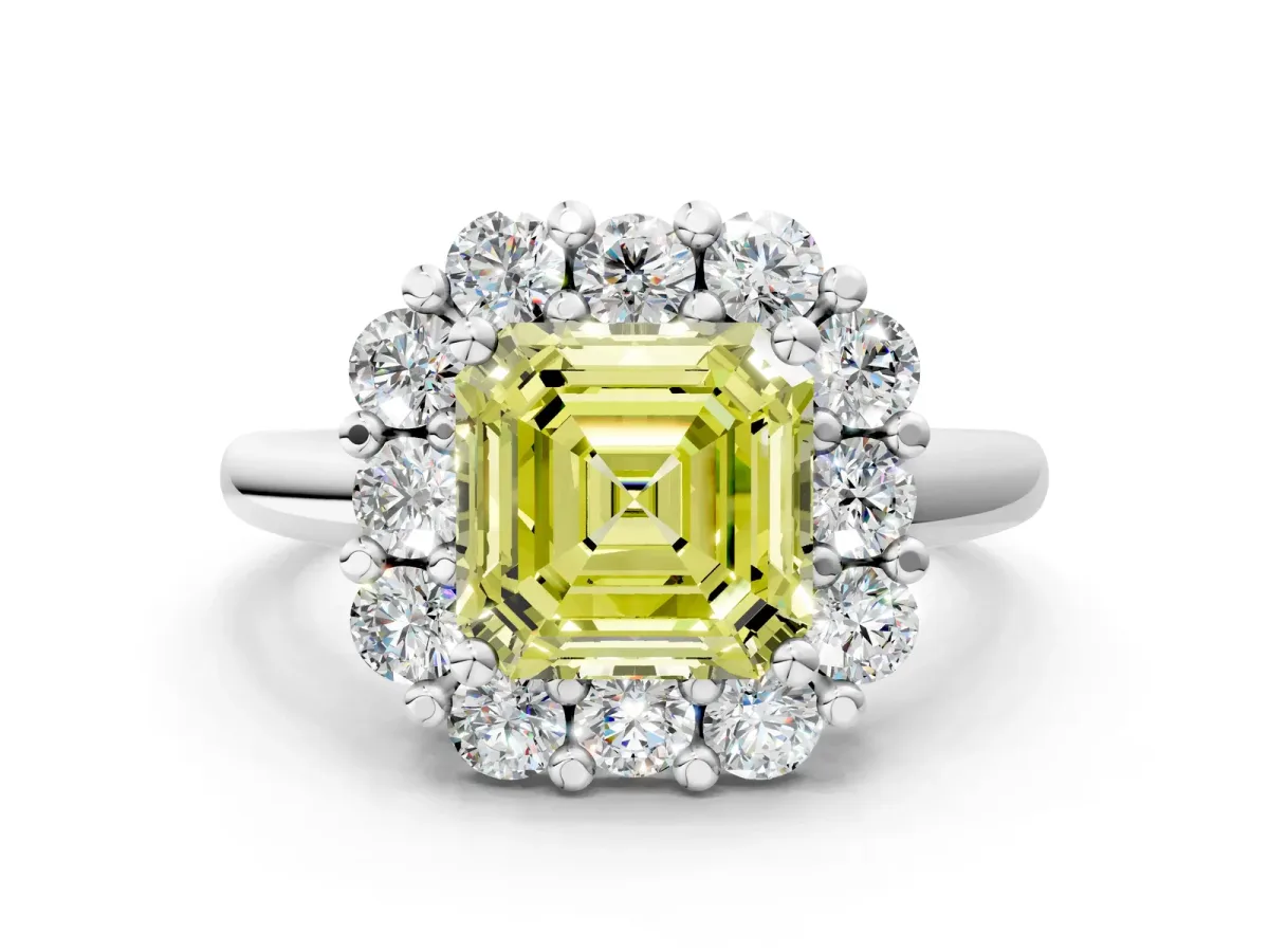 Fancy Yellow Asscher Cut Halo Cluster Diamond Engagement Ring with Prong Setting and Polished Band Platinum