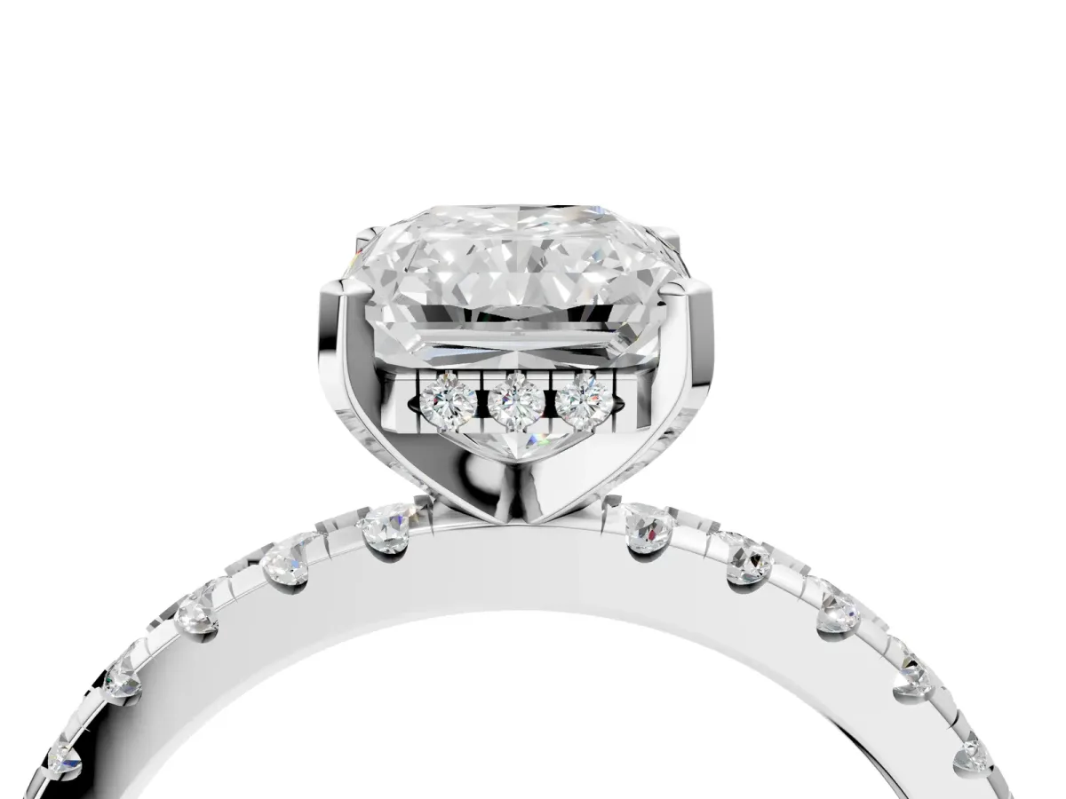 Radiant Cut Diamond Solitaire Ring with Round Moissanite Pavé Band and Four-Prong Setting White gold