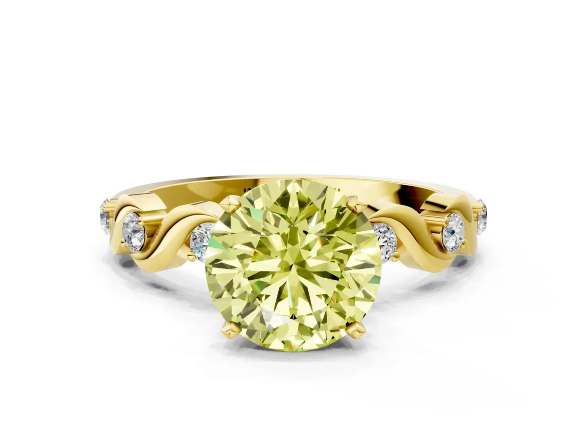 Fancy Yellow Round Cut Diamond Solitaire Twisted Band with Round Accents and Prong Setting Yellow gold