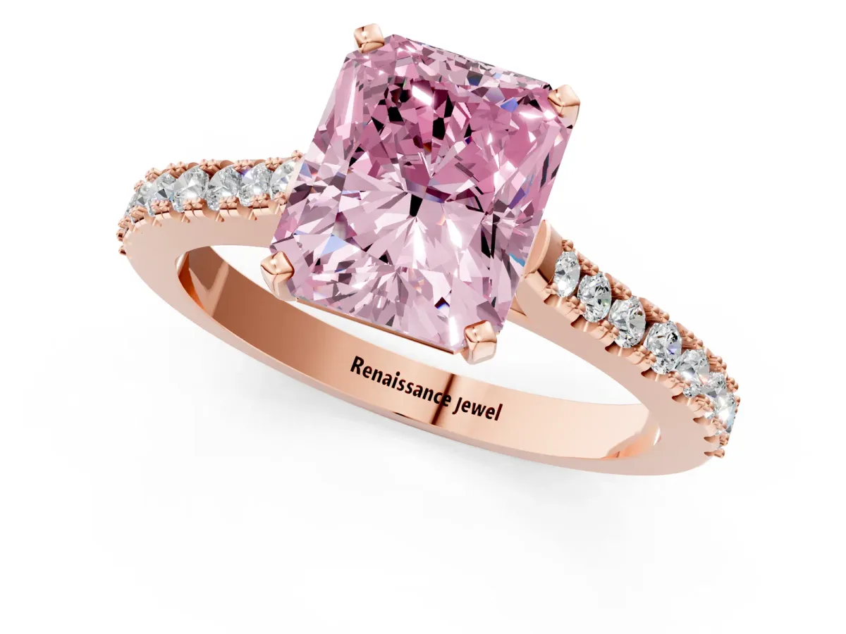 Fancy Pink Radiant Cut Cut Solitaire Diamond Engagement Ring with Pave Band and Four-Prong Setting Rose gold