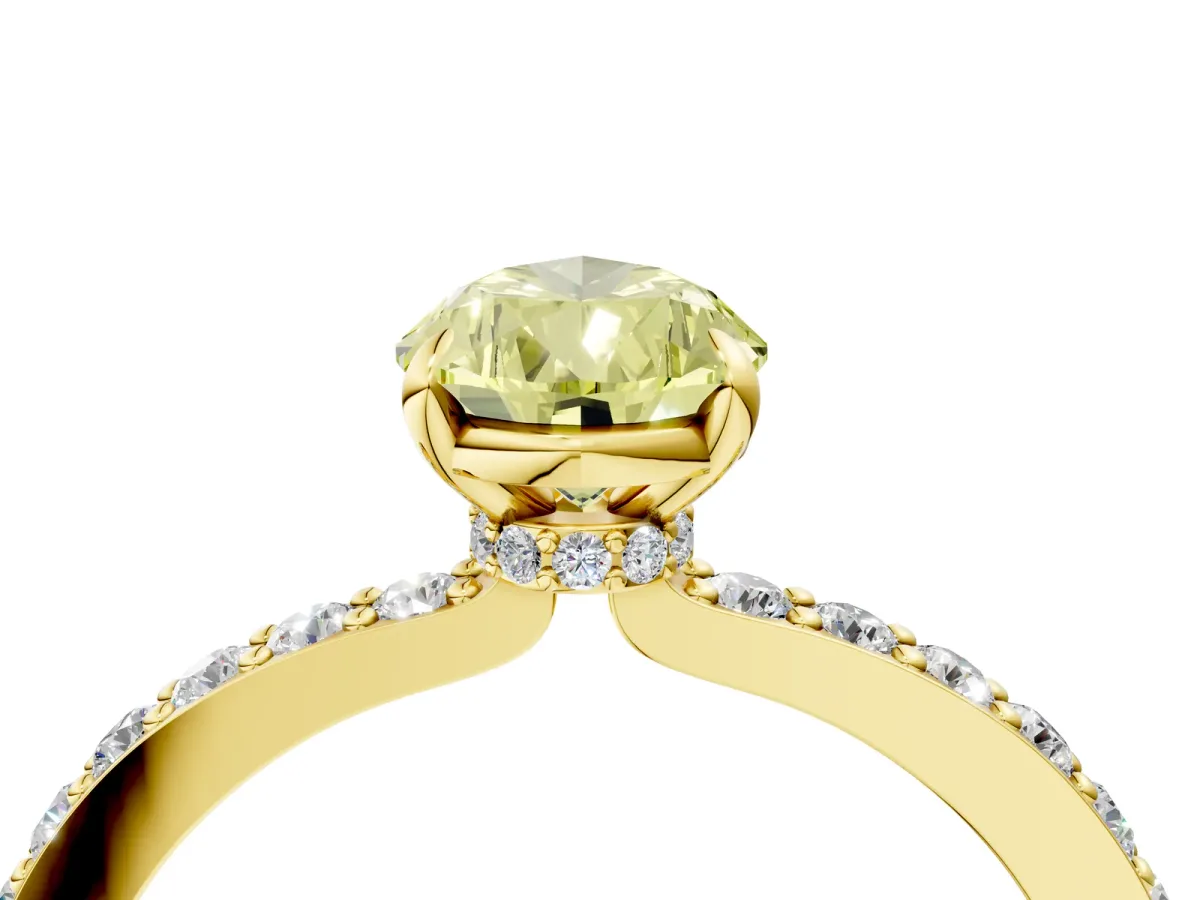 Fancy Yellow Pear Cut Diamond Solitaire Engagement Ring with Pavé Band and Four-Prong Setting Yellow gold