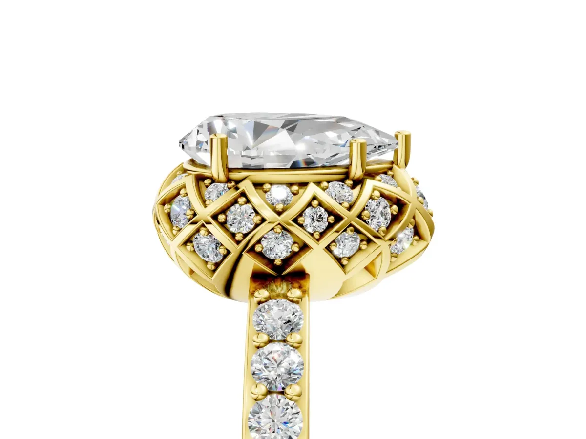Pear Cut Diamond Scalloped Halo Engagement Ring with Round Shared Prong Band Yellow gold