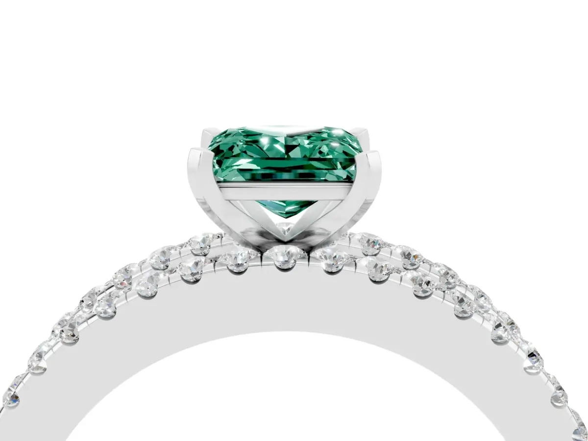 Princess Cut Green Sapphire Solitaire Ring with Pavé and Channel Set Band White gold