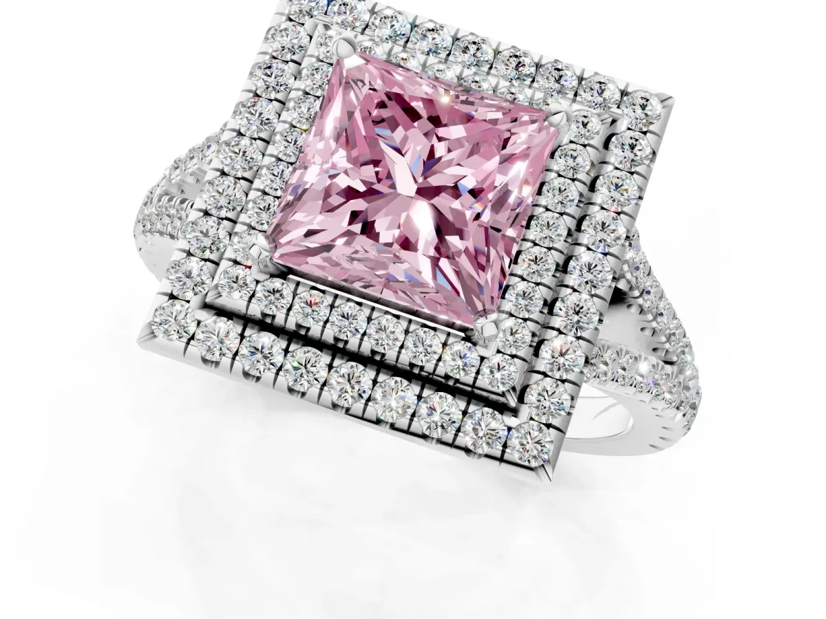 Fancy Pink Princess Cut Diamond Double Halo Ring with Pavé Band and Prong Setting White gold