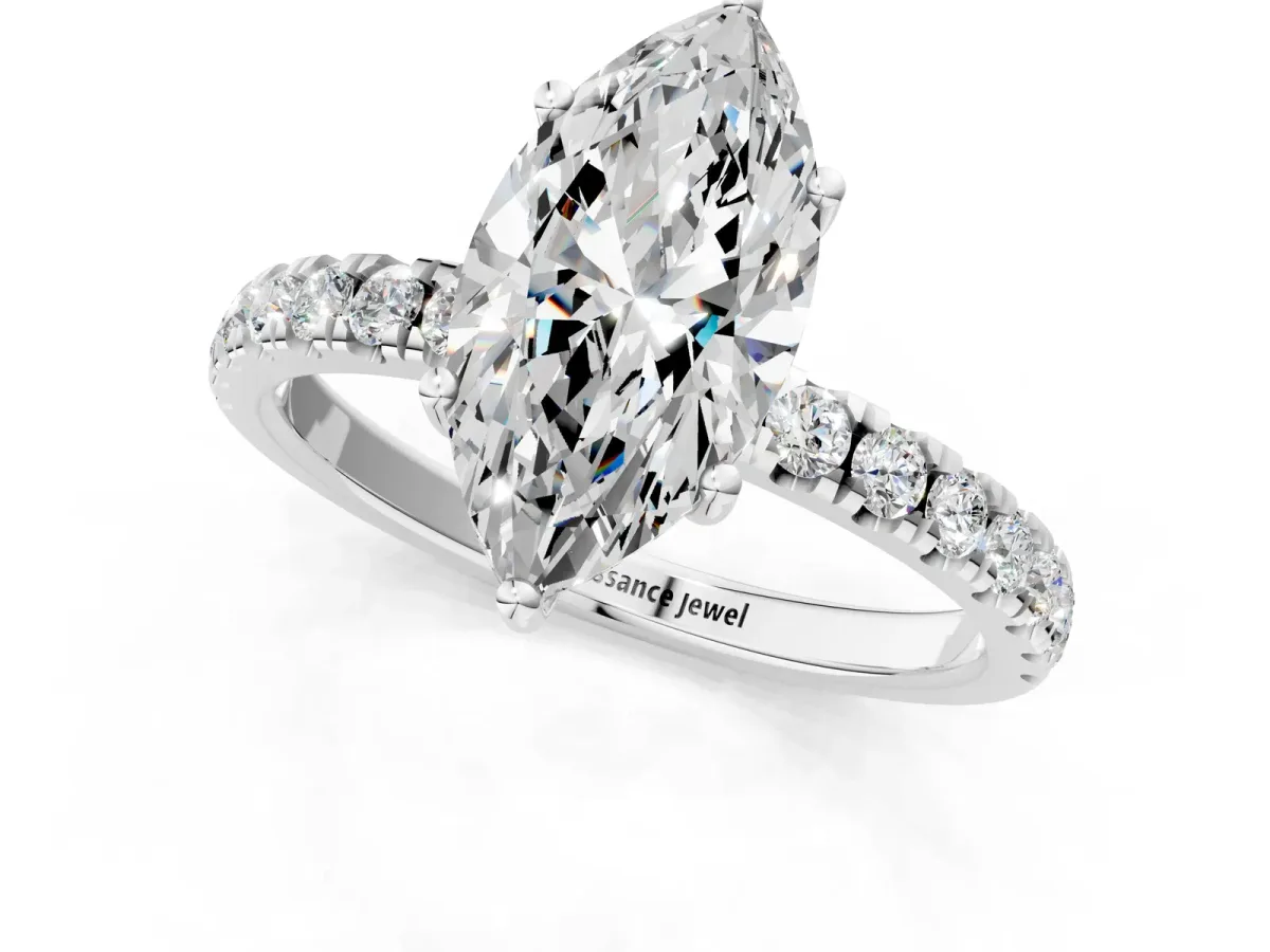 Marquise Cut Diamond Pave Band Solitaire Ring with Round Moissanite and Prong Setting White gold