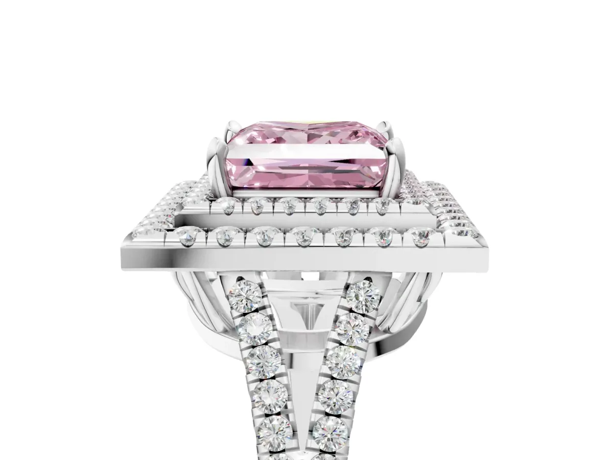 Fancy Pink Princess Cut Diamond Double Halo Ring with Pavé Band and Prong Setting White gold