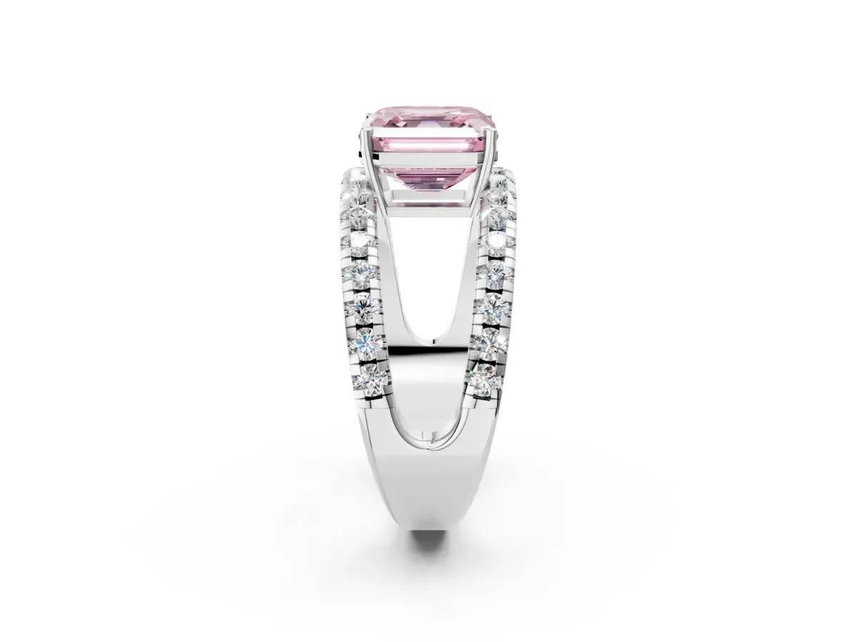 Fancy Pink Asscher Cut Solitaire Split Shank Pave Diamond Ring Platinum