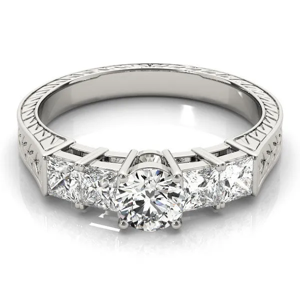 Pear Cut Solitaire Princess Side Stone Engraved Band Prong Setting Ring Silver