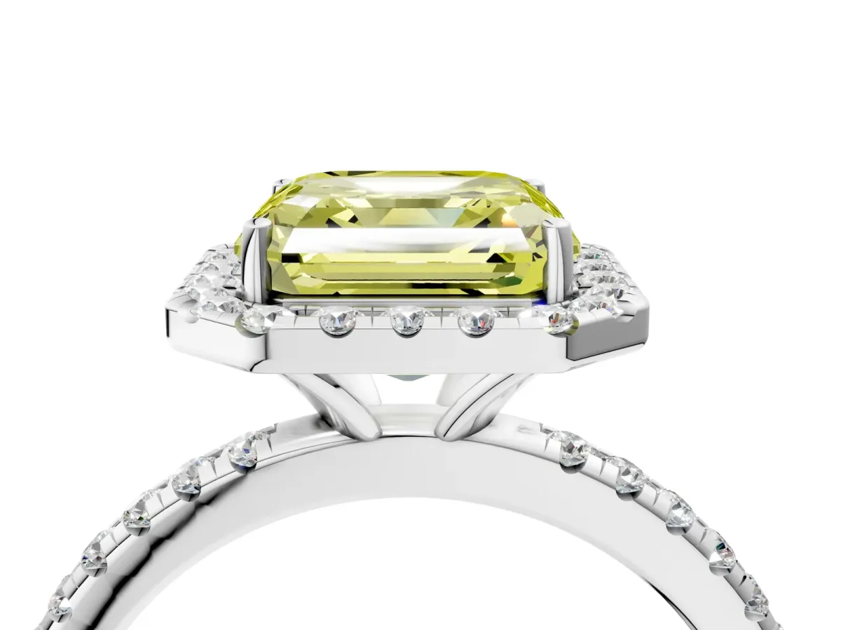 Fancy Yellow Asscher Cut Diamond Halo Engagement Ring with Round Pavé Band and Prong Setting Platinum