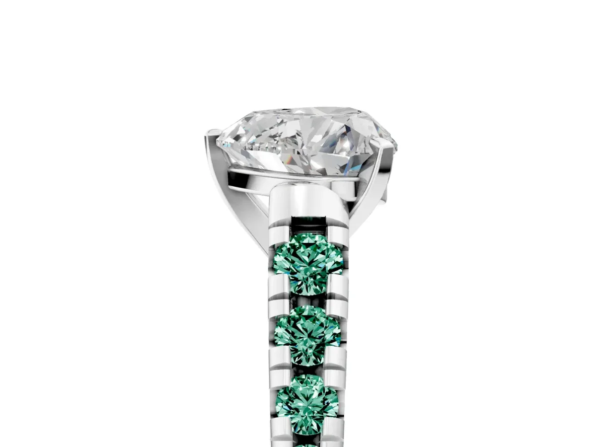 Heart Cut Diamond Cathedral Solitaire Ring with Round Green Sapphire Pavé Band White gold