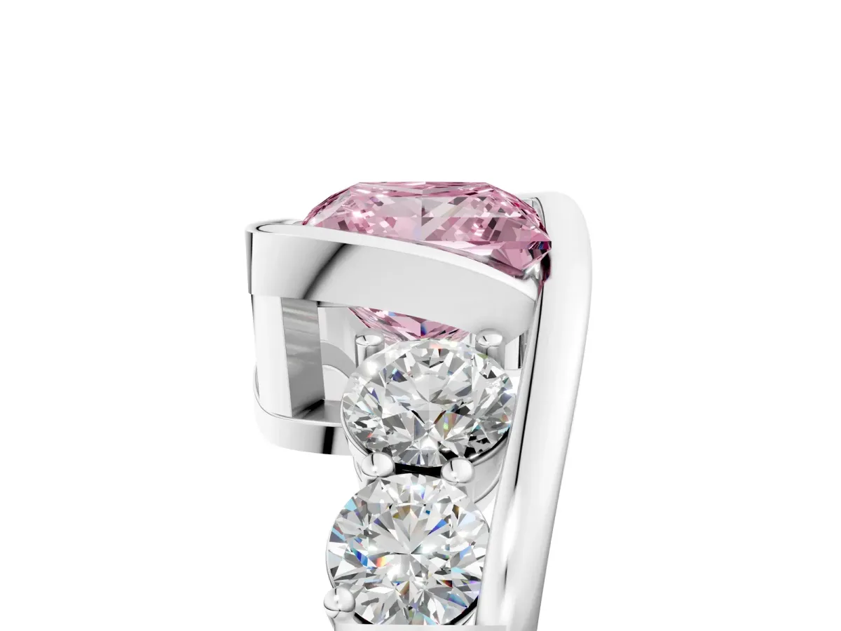 Fancy Pink Bezel Set Princess Cut Diamond Bypass Ring with Round Accents Silver