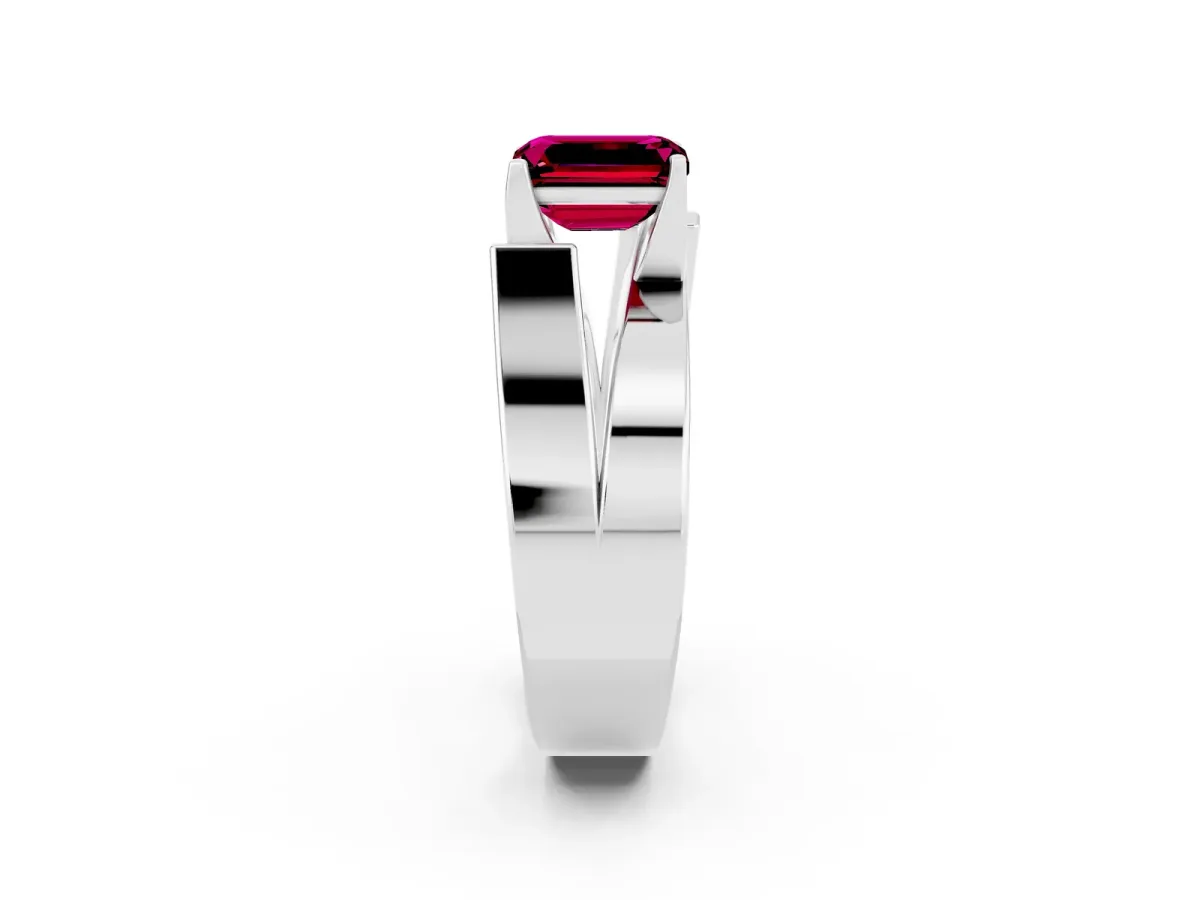 Modern Tension Set Emerald Cut Garnet Solitaire Wide Band Ring Silver