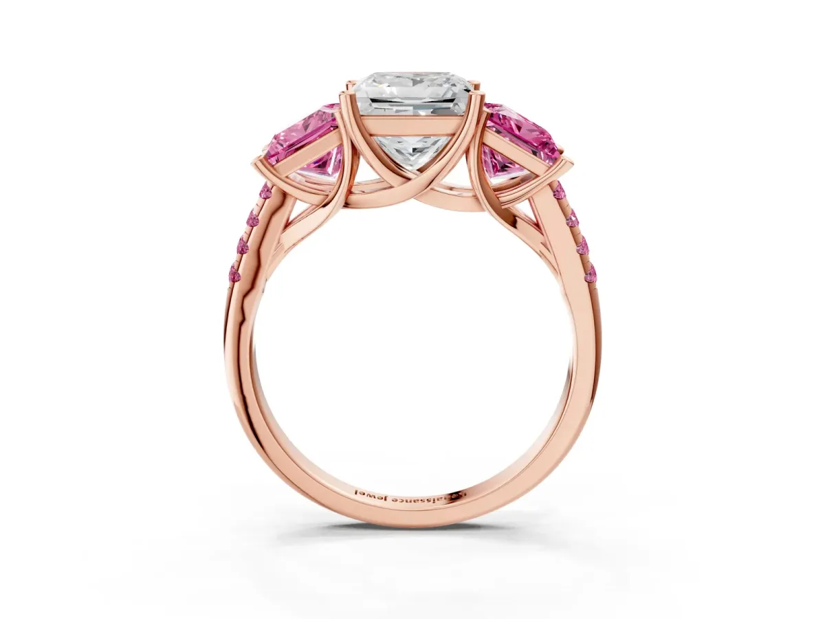 Three-Stone Princess Cut Diamond Ring with Round Pink Sapphire Pavé Band and Prong Setting Rose gold
