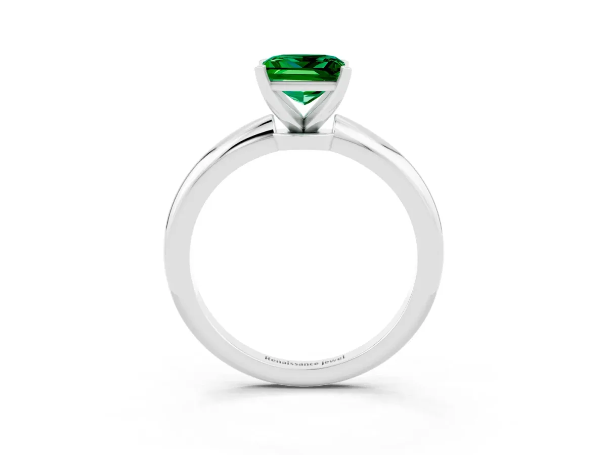 Princess Cut Emerald Solitaire Ring with Six-Prong Setting and Classic Band Silver