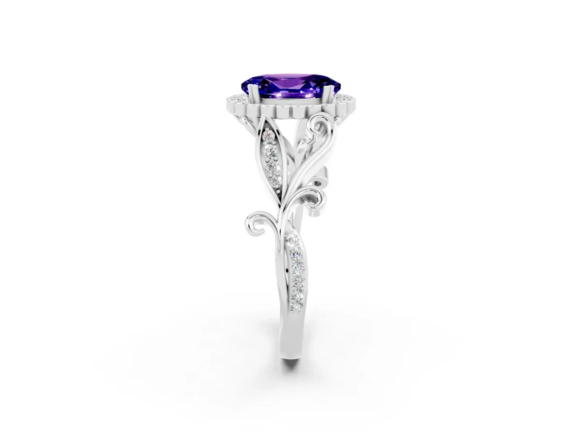 Oval Cut Tanzanite Halo Ring with Vintage Split Shank and Four-Prong Setting Silver