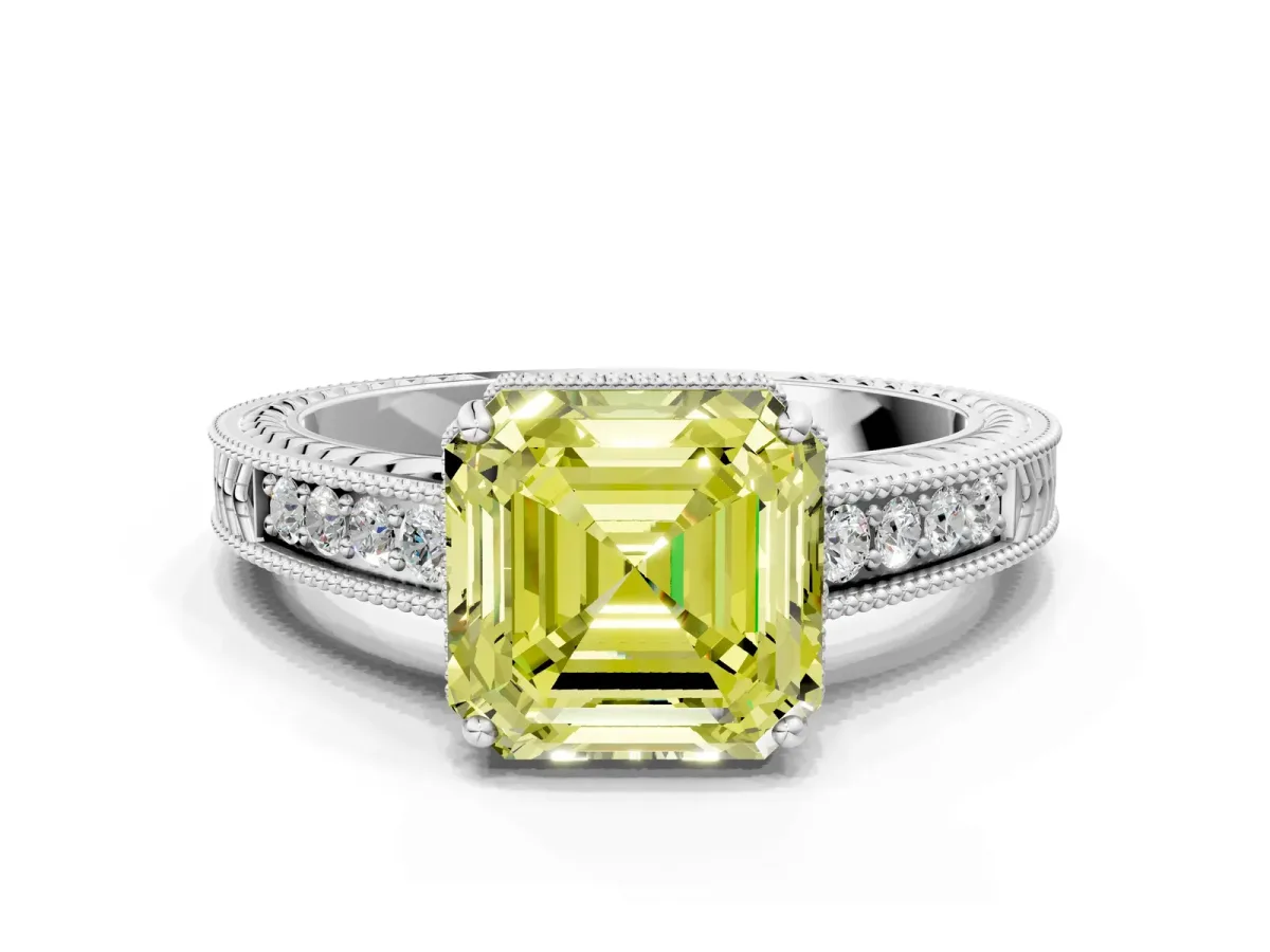 Fancy Yellow Asscher Cut Cut Diamond Milgrain Pave Band Four-Prong Setting Ring Platinum