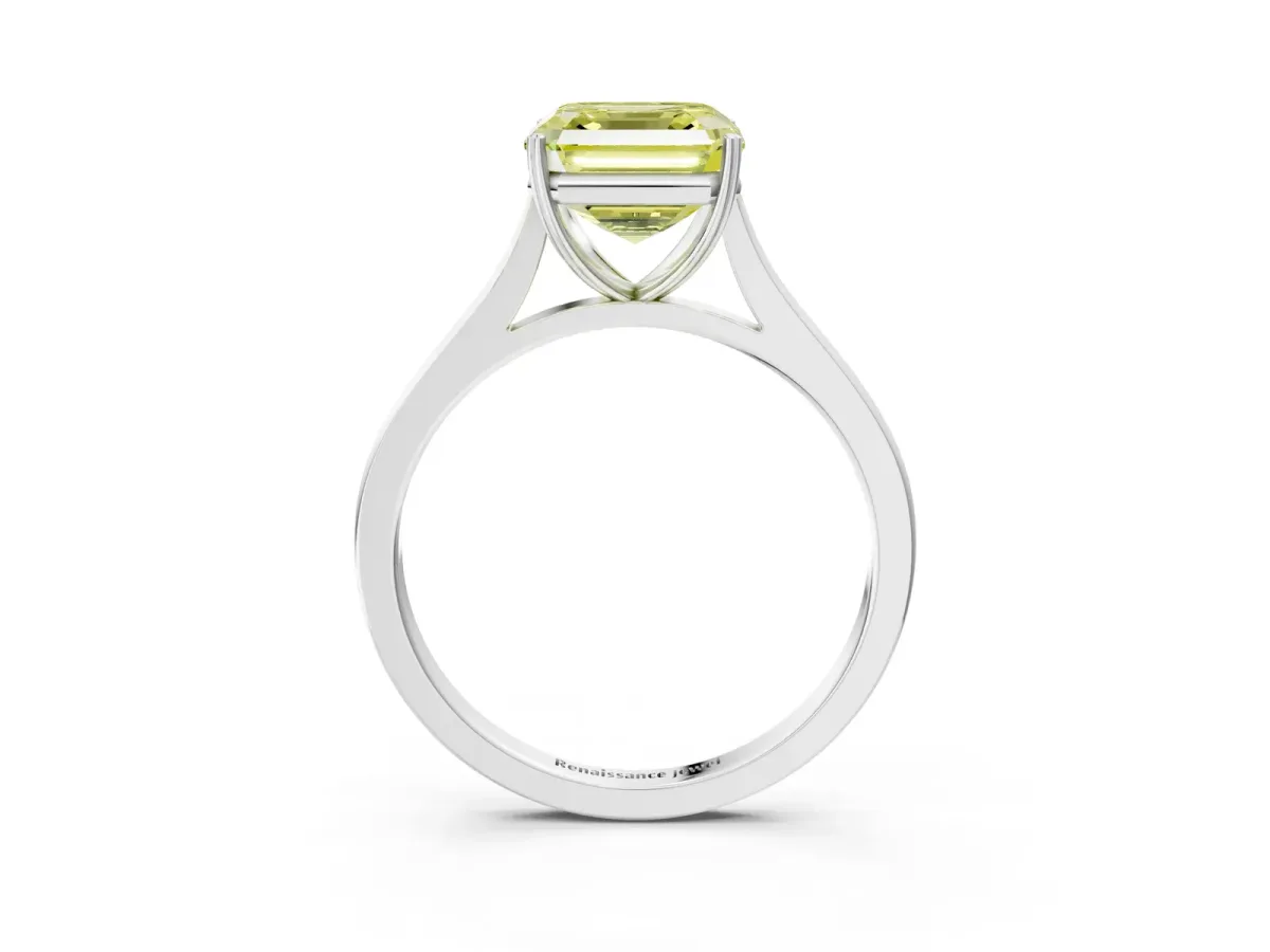 Fancy Yellow Asscher Cut Solitaire Heart Prong Engagement Ring with Tapered Band Platinum