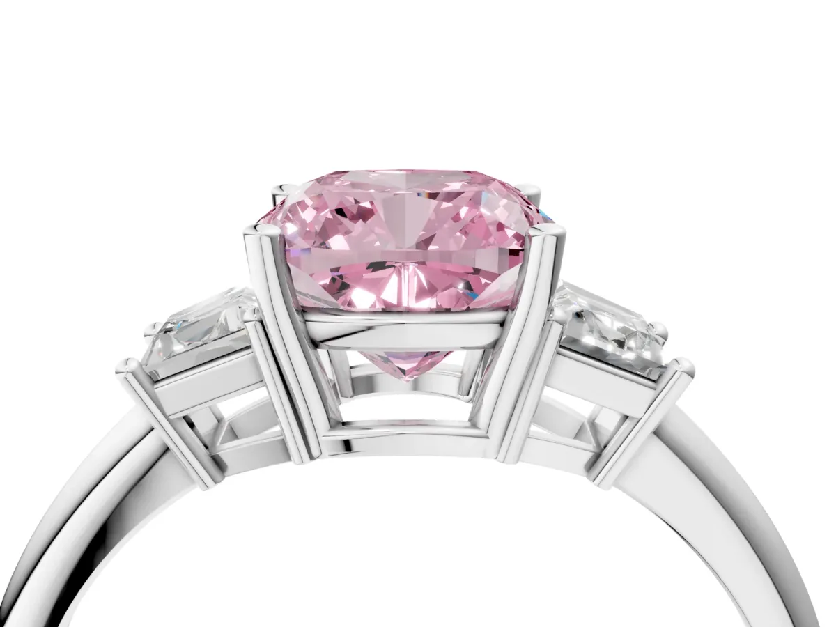 Fancy Pink Cushion Cut Diamond Three-Stone Ring with Trapezoid Side Stones and Prong Setting Silver