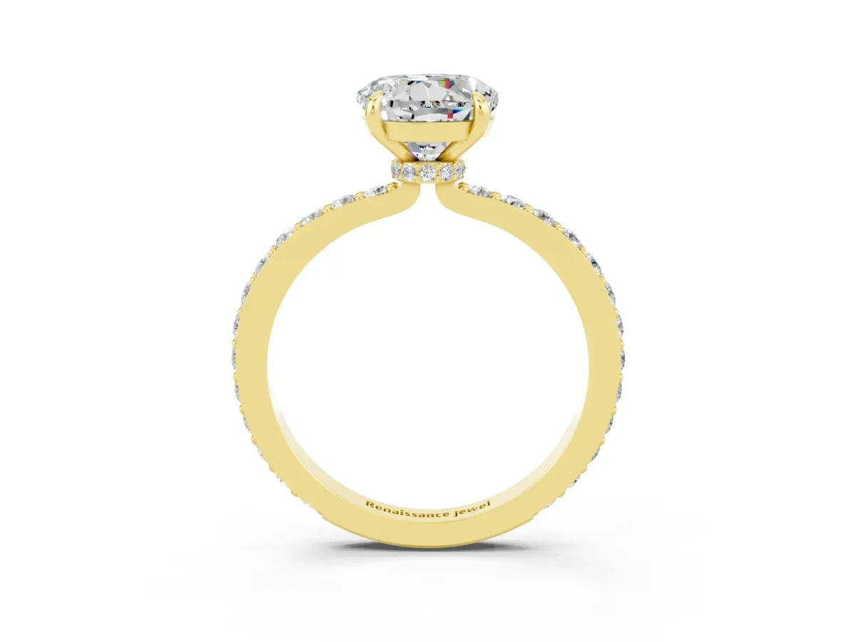 Round Cut Moissanite Solitaire Engagement Ring with Pavé Band and Four-Prong Setting Yellow gold