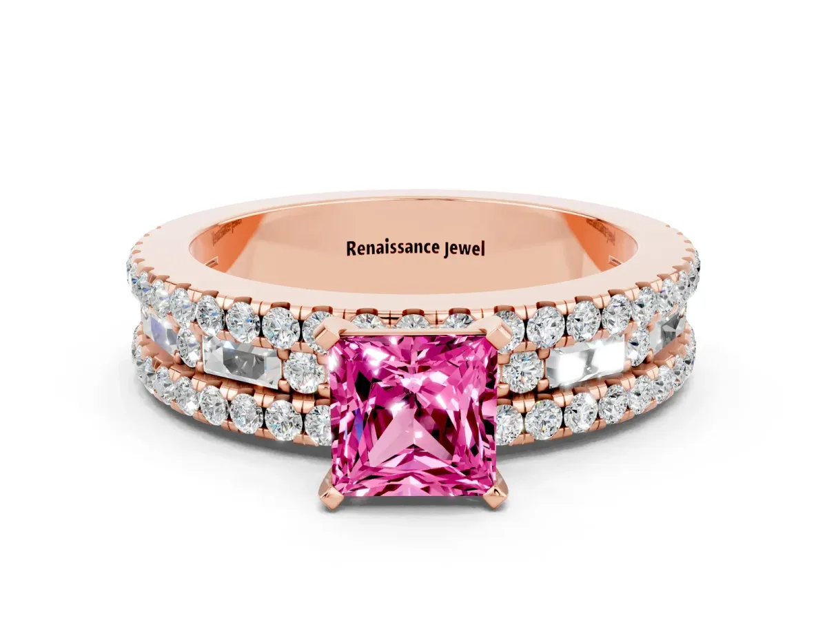 Princess Cut Pink Sapphire Solitaire Ring with Pavé and Channel Set Band Rose gold