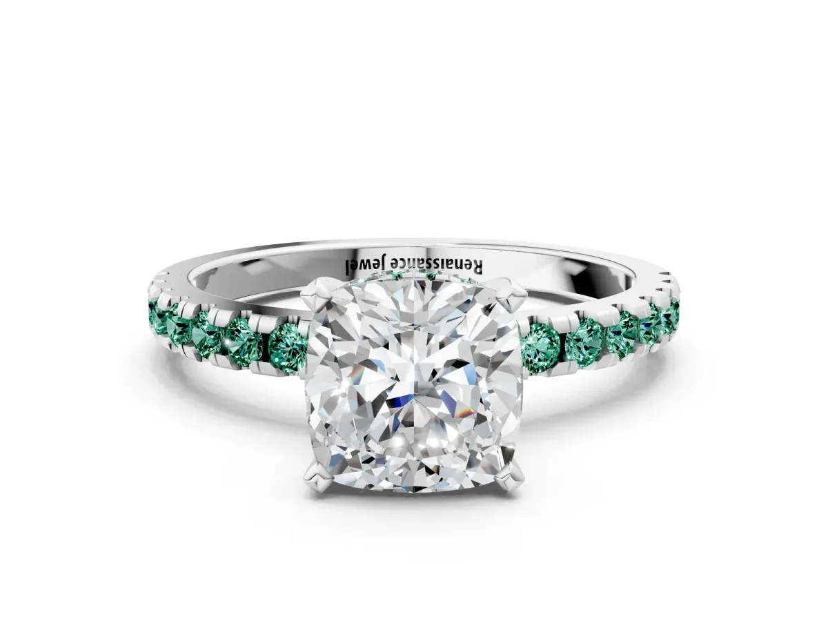 Cushion Cut Diamond Solitaire Ring with Round Green Sapphire Pavé Band and Four-Prong Setting Platinum