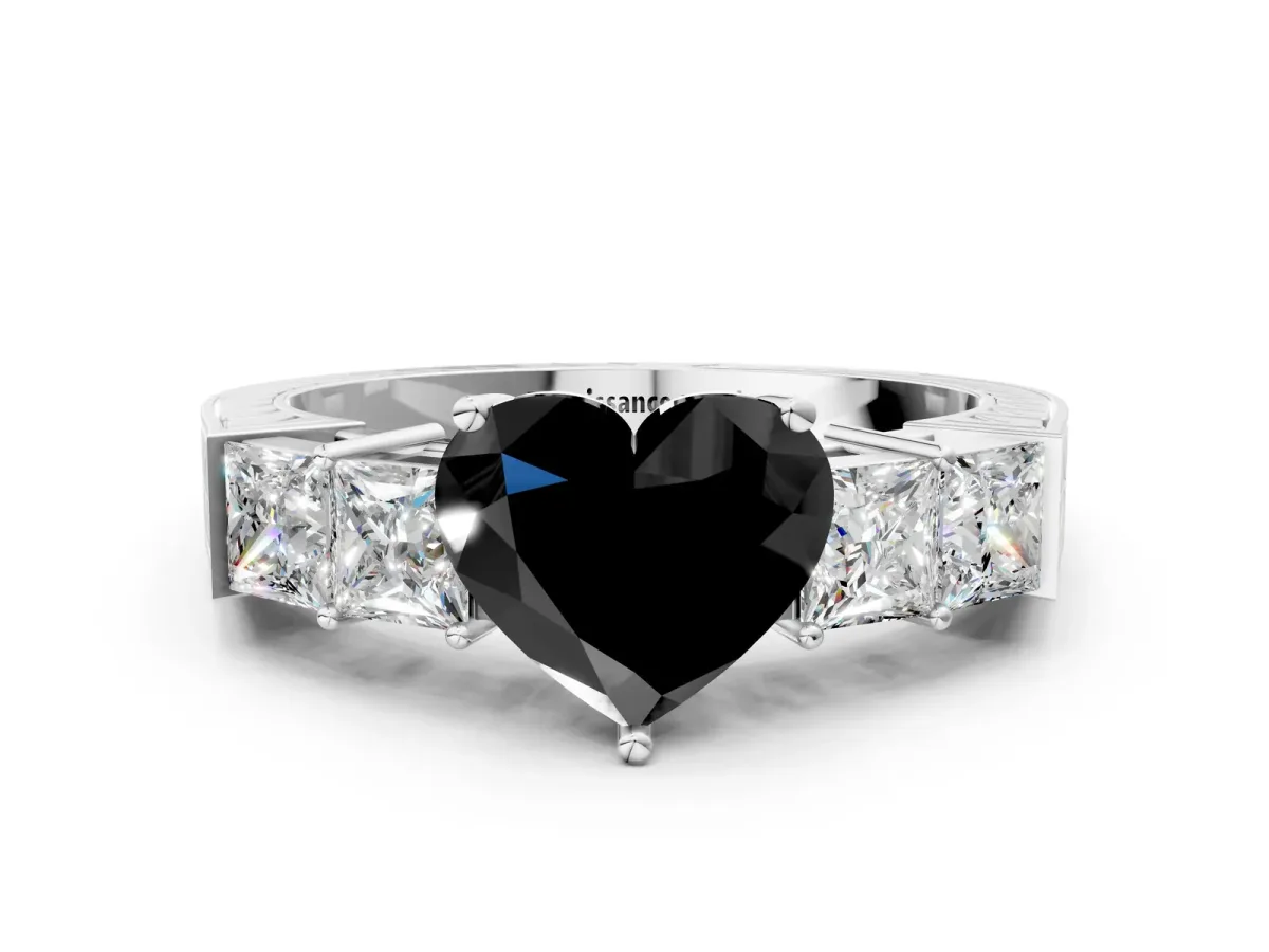 Fancy Black Heart Cut Solitaire Princess Side Stone Engraved Band Prong Setting Ring Platinum