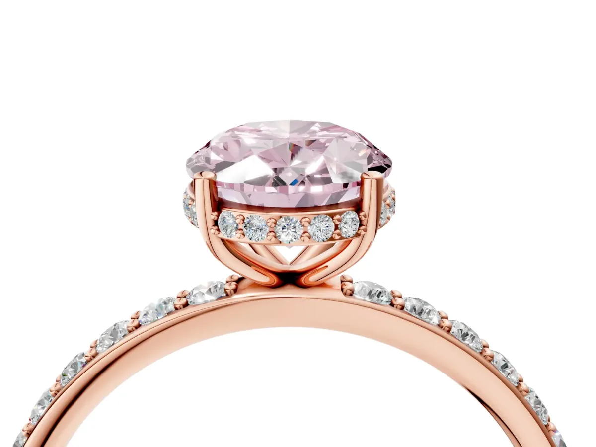 Fancy Pink Oval Cut Diamond Solitaire Ring with Pavé Band and Hidden Halo Rose gold
