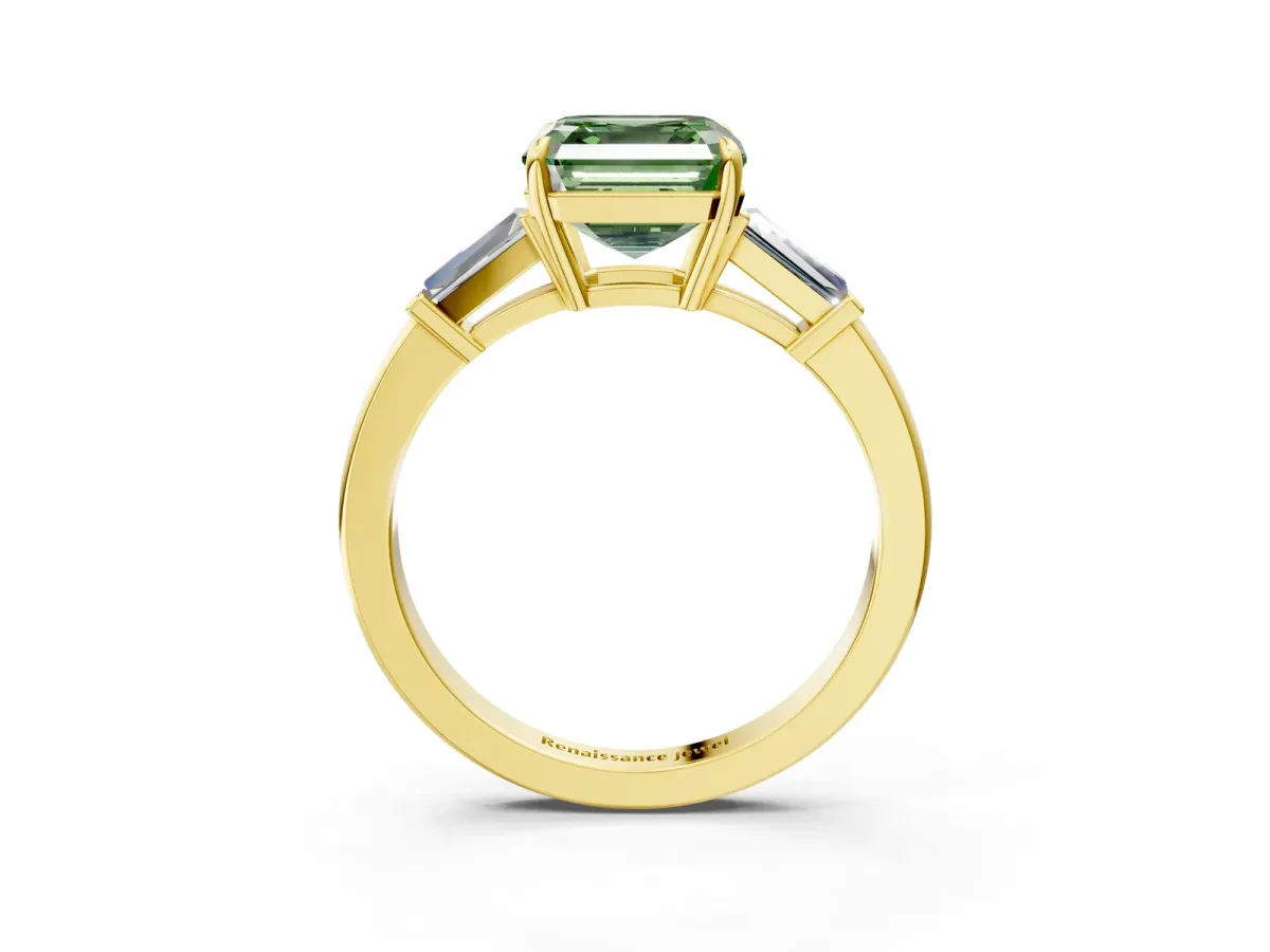 Fancy Green Asscher Cut Diamond Three-Stone Ring with Tapered Baguette Side Stones and Prong Setting Yellow gold