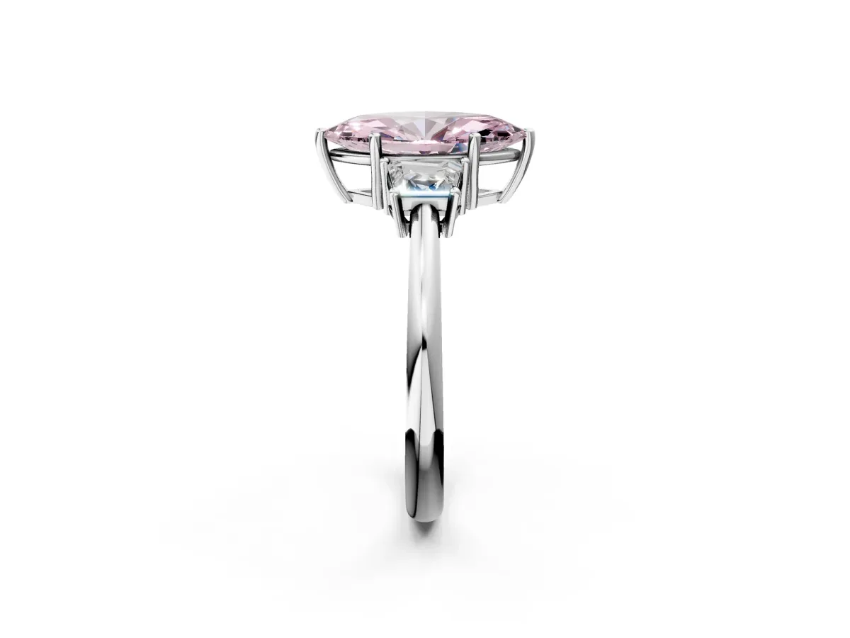 Fancy Pink Marquise Cut Diamond Three-Stone Ring with Trapezoid Side Stones and Prong Setting Silver