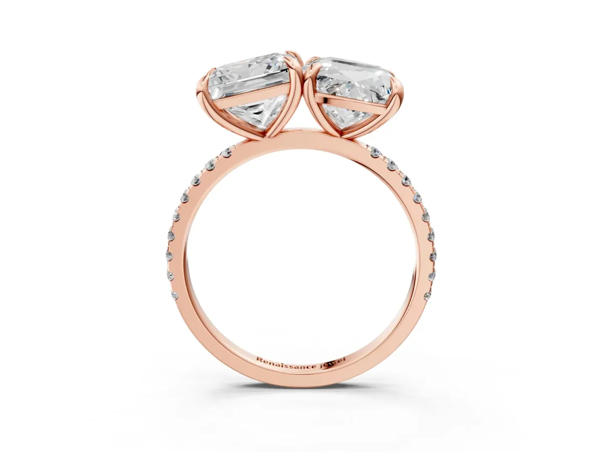 Cushion and Princess Toi Moi Ring with Prong Setting and Pave Band Rose gold