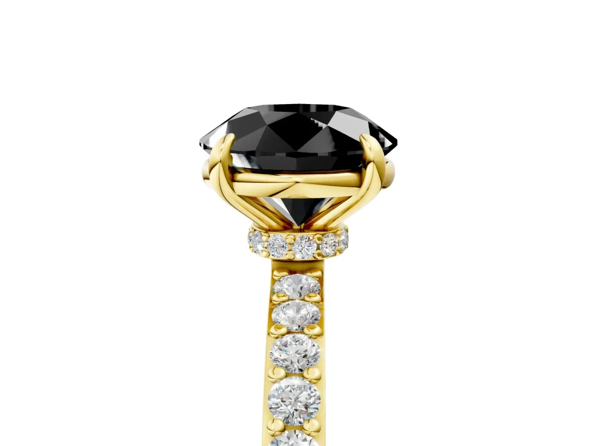 Fancy Black Round Cut Diamond Solitaire Engagement Ring with Pavé Band and Four-Prong Setting Yellow gold