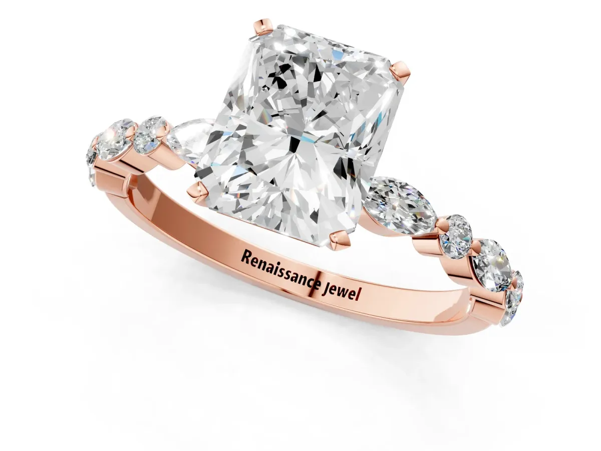 Radiant Cut Diamond Ring with Marquise and Round Side Stones and Four-Prong Setting Rose gold