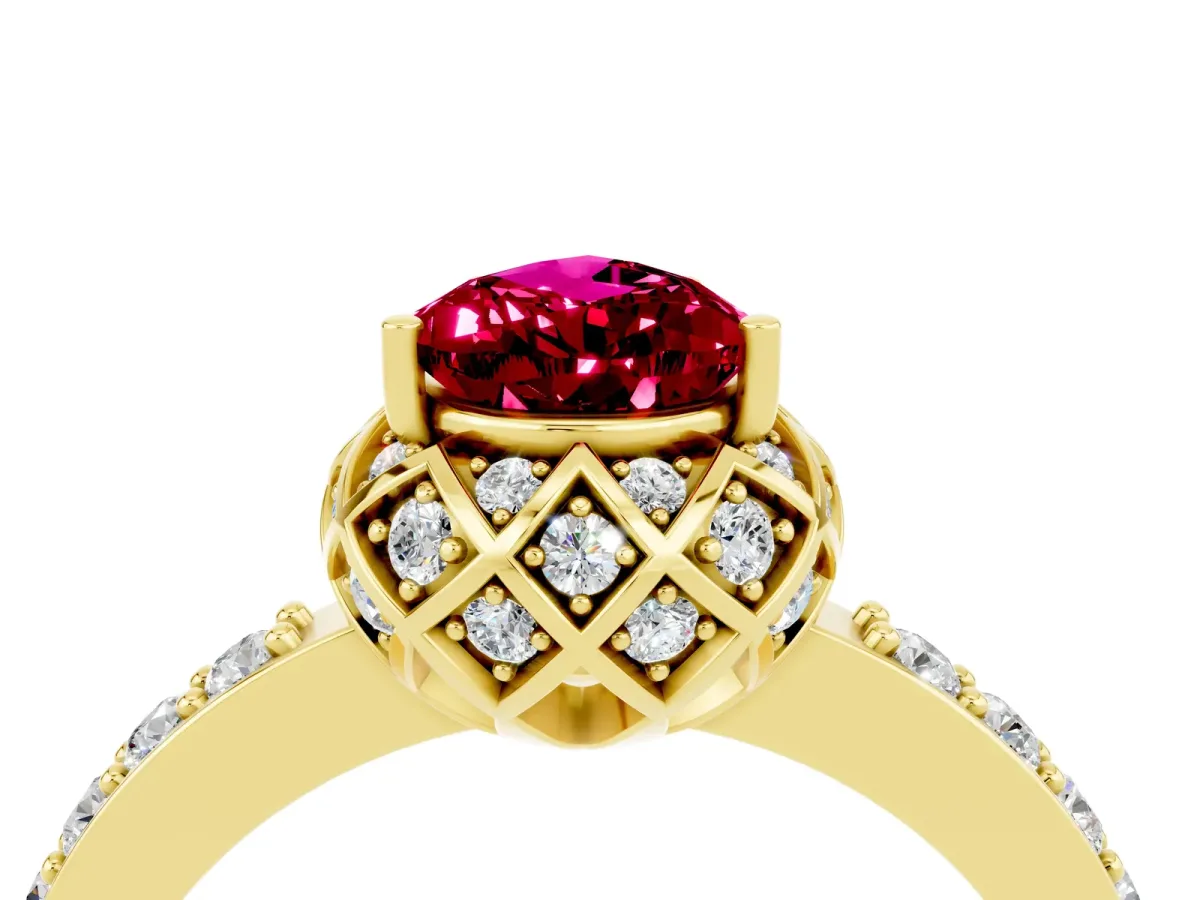 Pear Cut Garnet Scalloped Halo Engagement Ring with Round Shared Prong Band Yellow gold