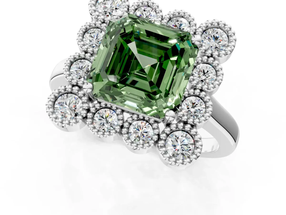 Fancy Green Asscher Cut Halo Diamond Cluster Engagement Ring with Milgrain Bezel Setting and Solitaire Band Platinum