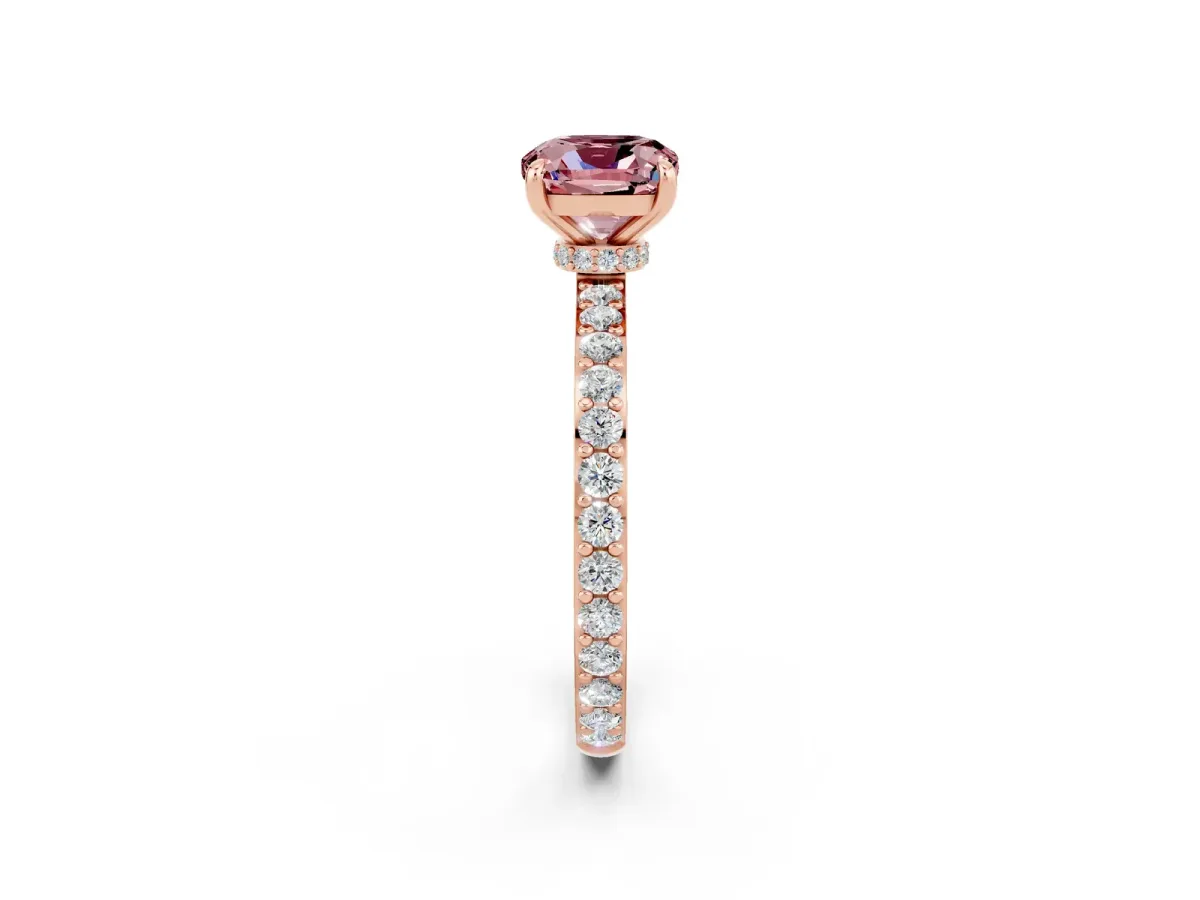 Cushion Cut Morganite Solitaire Engagement Ring with Pavé Band and Four-Prong Setting Rose gold
