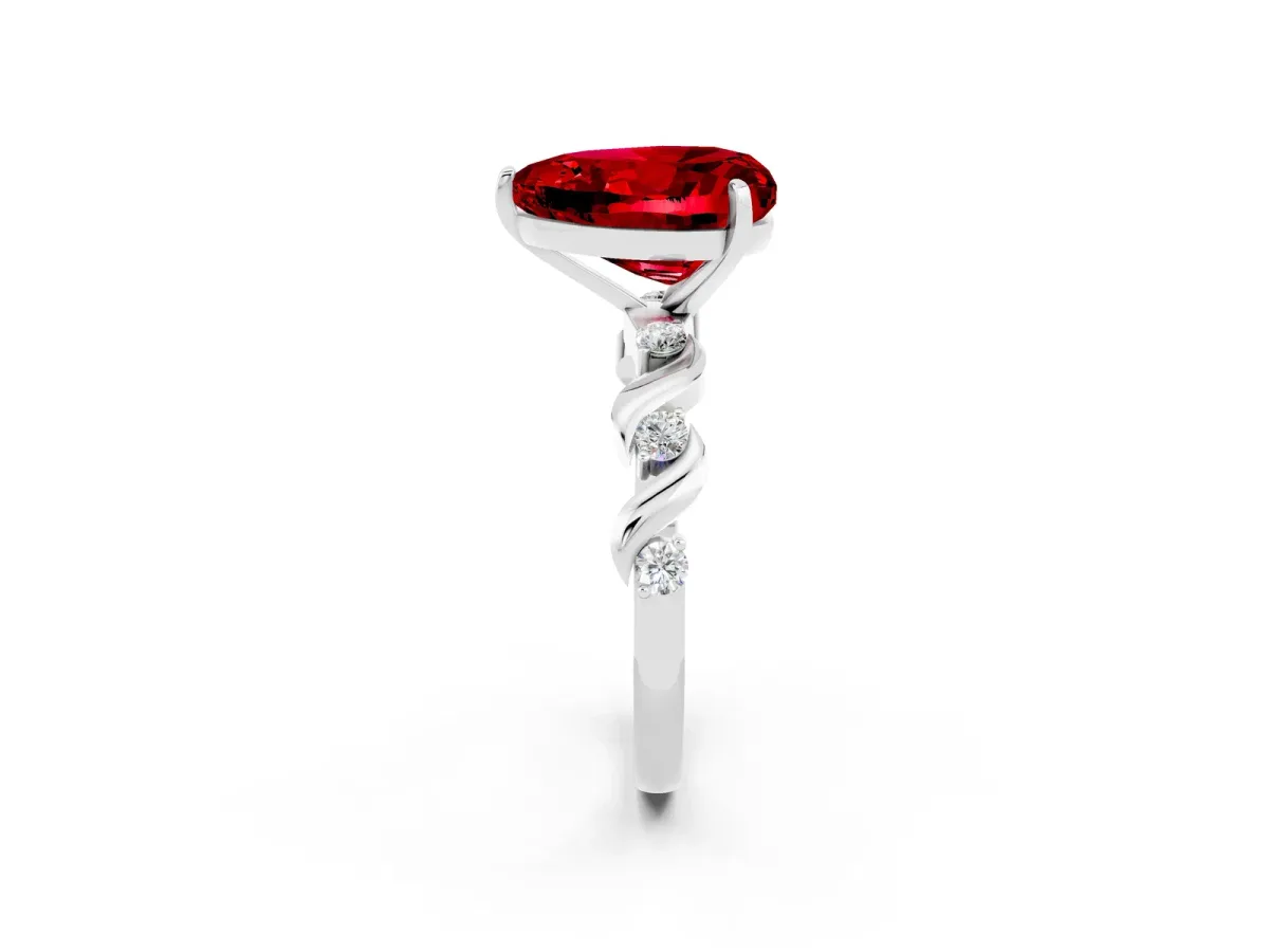 Heart Cut Ruby Solitaire Twisted Band with Round Accents and Prong Setting Silver