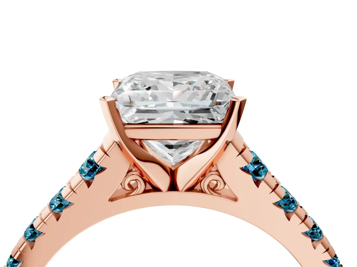 Princess Cut Diamond Cathedral Solitaire Ring with Round Blue Topaz Pavé Band Rose gold