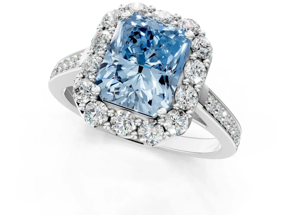 Fancy Blue Radiant Cut Diamond Floral Halo Ring with Pavé Band and Prong Setting Platinum
