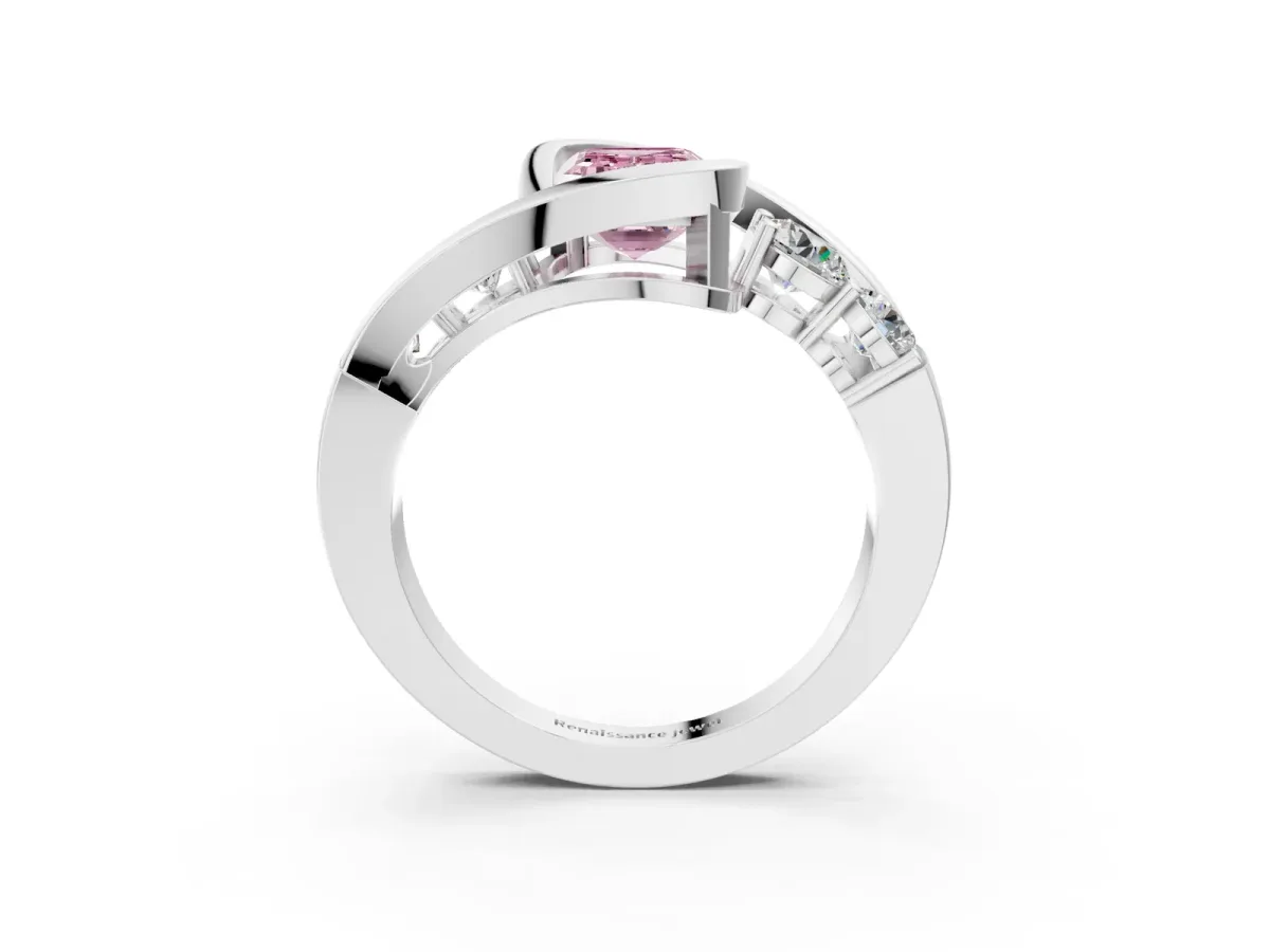 Fancy Pink Bezel Set Emerald Cut Diamond Bypass Ring with Round Accents Silver