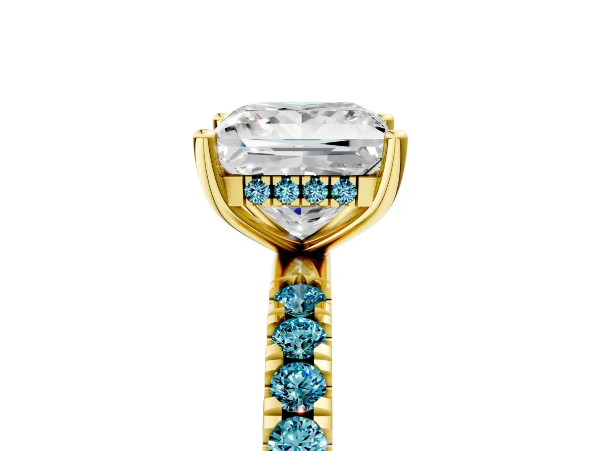 Princess Cut Diamond Pave Band Solitaire Ring with Round Blue Topaz and Prong Setting Yellow gold