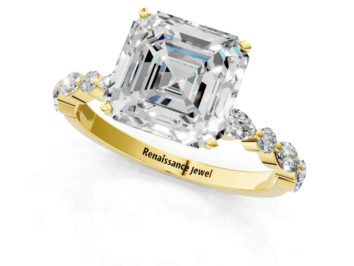 Asscher Cut Diamond Ring with Marquise and Round Side Stones and Four-Prong Setting Yellow gold
