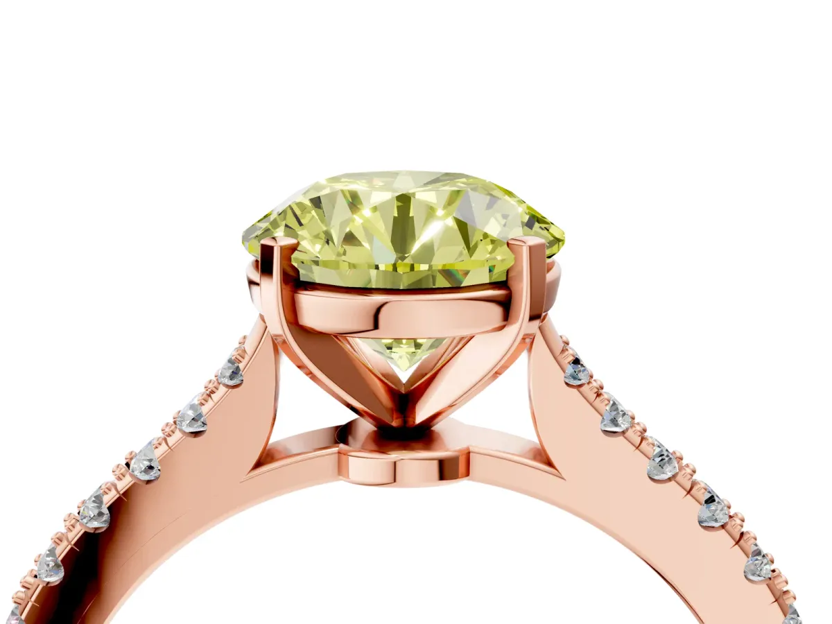 Fancy Yellow Round Cut Cut Solitaire Diamond Engagement Ring with Pave Band and Four-Prong Setting Rose gold