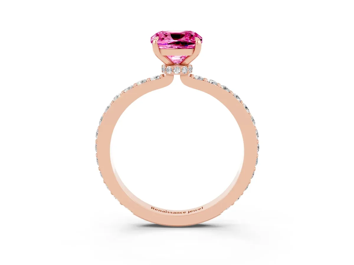 Cushion Cut Pink Sapphire Solitaire Engagement Ring with Pavé Band and Four-Prong Setting Rose gold