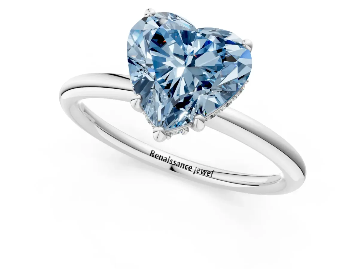 Fancy Blue Heart Cut Solitaire Diamond Ring with a Classic Band and Four-Prong Setting Platinum