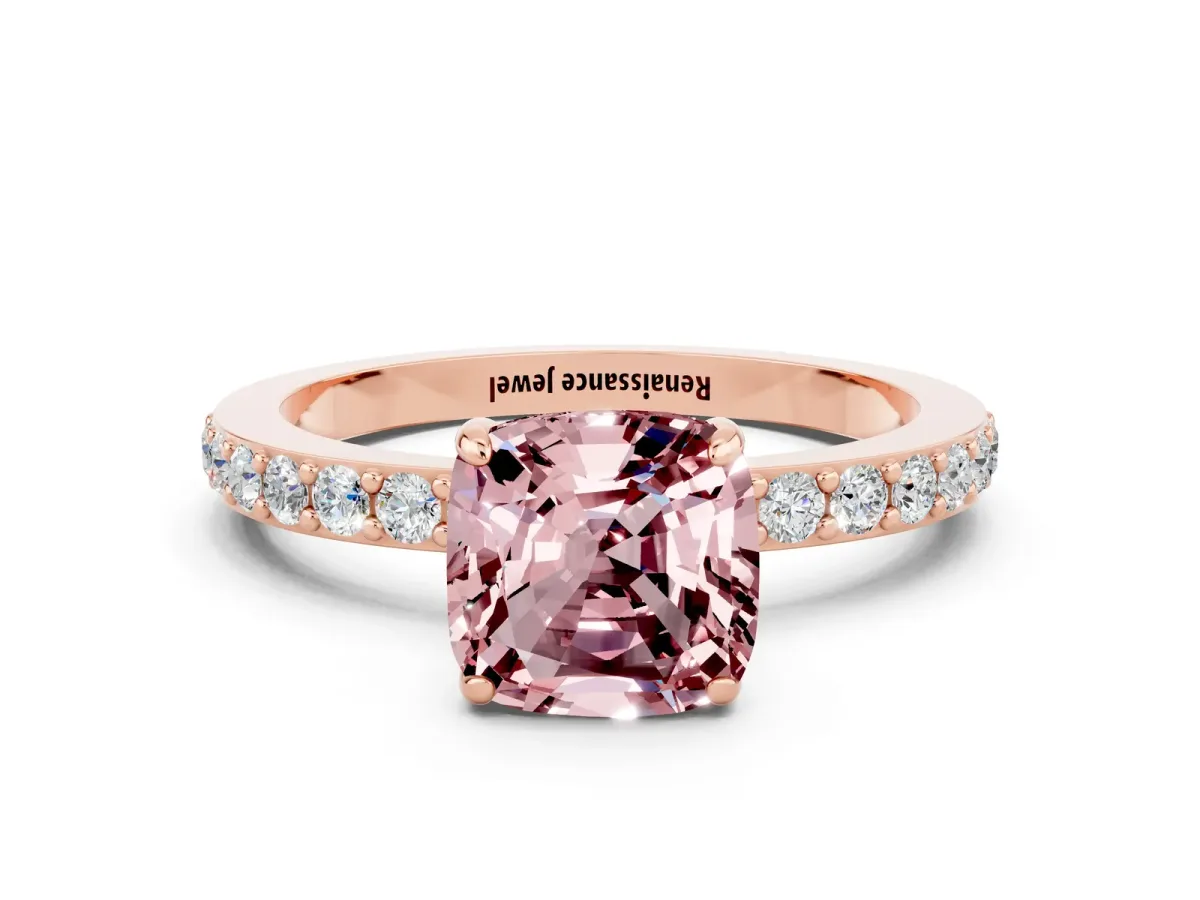 Cushion Cut Morganite Solitaire Engagement Ring with Pavé Band and Four-Prong Setting Rose gold